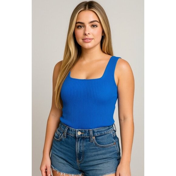 Madewell Ribbed Square Neck Tank Top Small NWT Blue Stretch Knit Summer Basics - Picture 1 of 8